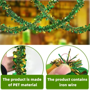 Detail of St. Patrick's Day 2m green and gold clover tinsel garland with PET material