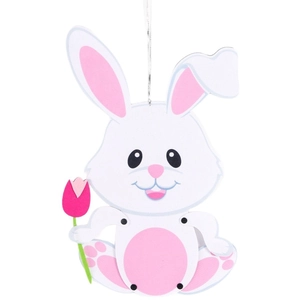 Cute felt Easter bunny door hanger holding a pink tulip for festive home party decor