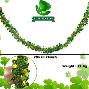 Detail of 2-meter St. Patrick's Day tinsel garland in green and gold with clover accents