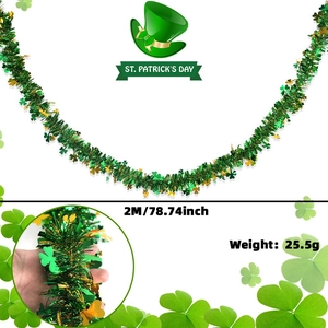 Detail view of 2M green and gold shamrock tinsel garland for St. Patrick's Day decor