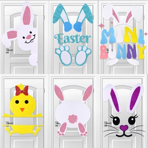 6-piece glitter felt Easter door stickers set featuring bunny, chick, and mini bunny motifs