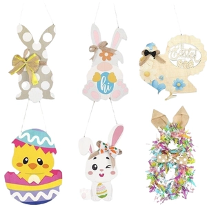 Wooden Easter door hangers with rabbit and chicken designs for festive home party decoration