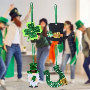 Detail of St. Patrick's Day felt gnomes with green clover and lucky horseshoe ornaments