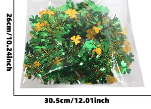 Detailed packaging view showing dimensions of 2m St. Patrick's clover tinsel garland
