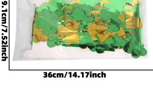Detailed size chart for St. Patrick's Day green and gold shamrock fringe curtain, 19.1x36cm