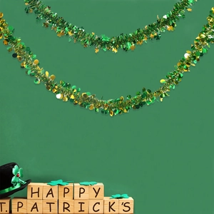 2m St. Patrick's Day tinsel garland with green shamrocks and gold sequins decoration