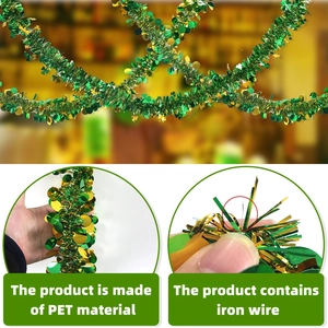 2m St. Patrick's Day shamrock garland with green and gold tinsel and PET clover accents