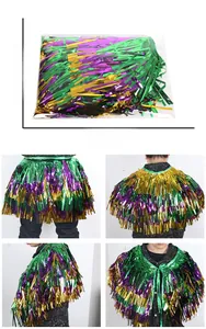 Detailed view of tricolor Mardi Gras tinsel skirt with 27x41cm packaging dimensions