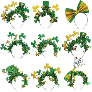 9-piece St. Patrick's Day headbands set with green shamrocks and mini hats for party decor