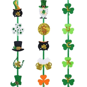 St. Patrick's Day felt banner set with lucky clovers, gnomes, and gold coin decorations