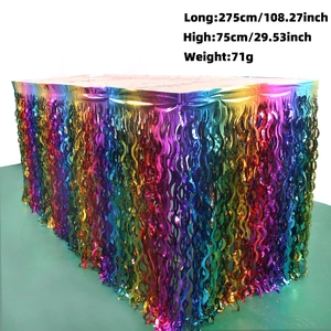 Rainbow foil fringe table skirt for parties, 275cm iridescent PET streamer decoration