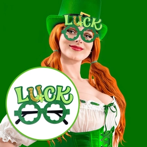 Green glitter Shamrock glasses with LUCK text for Saint Patrick's Day party decor