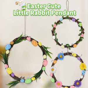 Detailed view of colorful Easter egg wreaths with faux leaves and daisies on vine base