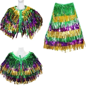 Ensemble cape et jupe à franges en guirlandes vert or et violet pour fêtes festives
