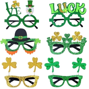 Set of six festive St. Patrick's Day party glasses with green glitter and lucky shamrock designs