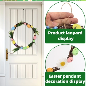 Close-up of Easter egg wreath with colorful speckled eggs and artificial white daisies