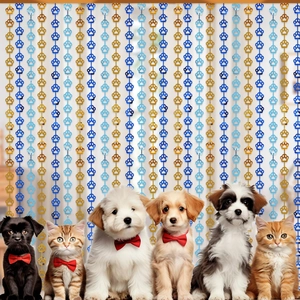Blue and gold pet paw print tinsel curtain backdrop for cat and dog birthday party decor