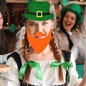 St. Patrick's Day party set featuring a green leprechaun hat and vibrant orange beard