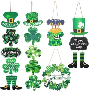 Wood St Patricks Day Door Hanging Sign Shamrock Leprechaun Hat Gold Coin Luck Pattern Irish Festival Wall Decor For Party Home Office