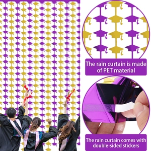 2m purple and gold graduation foil curtain with mortarboard pattern for party backdrop