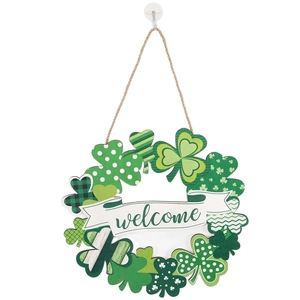 St. Patrick's Day wooden door sign with green clover shamrock wreath and welcome banner
