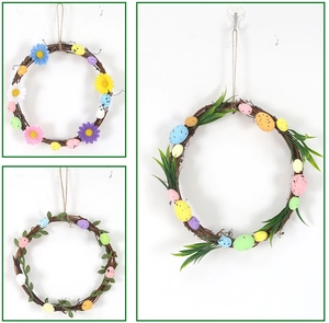 Detailed set of Easter egg wreaths with colorful daisies and natural rattan base
