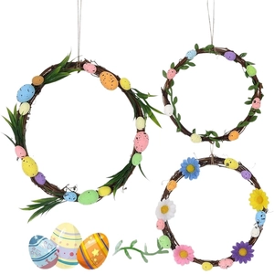 Easter decorative vine wreath with colorful foam eggs and artificial flowers for door hanging