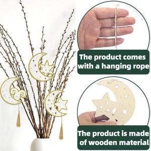 Eid wooden hanging moon and star ornaments with golden tassels for holiday decor