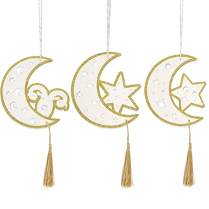 Three-piece white moon festival hanging ornaments with gold glitter and elegant tassels