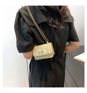 Close-up of mini straw crossbody bag with golden chain and clasp worn by model