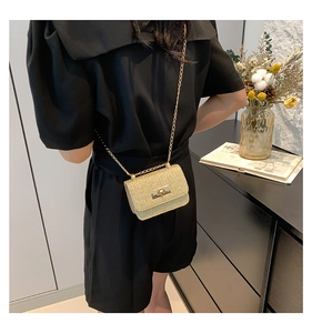 Chic woven small flap crossbody bag with gold chain strap shown on a model