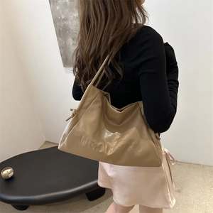 Minimalist khaki faux leather tote bag with WGONGZHU lettering for women shoulder carry