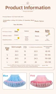 Size chart for girls full mesh tutu skirt showing measurements and fabric composition