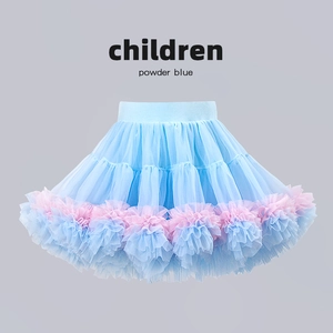 Detailed macro view of the powder blue mesh tutu skirt with pink pleated ruffles at the hem