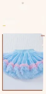 Detailed view of baby girl blue tutu skirt with elastic waistband and pink ruffled trim