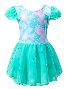 Robe de ballet sirène turquoise pour fille avec écailles et tutu en mesh à paillettes