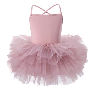 Pink girl's ballet tutu featuring cross-strap back and layered fluffy tulle mesh skirt