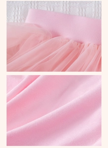 Detail of pink tutu skirt featuring layered mesh fabric and elastic waistband texture