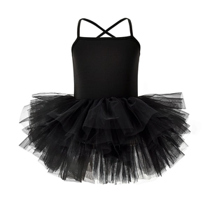 Detailed view of girls black ballet tutu dress with cross-back straps and layered tulle