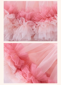 Detailed macro view of layered pink gradient tulle ruffles and fine pleated mesh texture