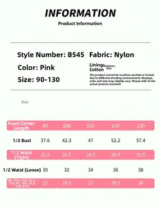 Detailed size chart for girls pink tutu dress with measurements for sizes 90 to 130