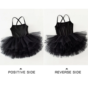 Front and back views of a girls black ballet tutu dress with criss-cross straps