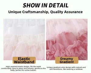 Detail of high waist elastic band and pink gradient layered tulle mesh for girls tutu skirt