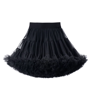 Detail of multi-layered black tulle tutu skirt with elastic waistband and pleated mesh