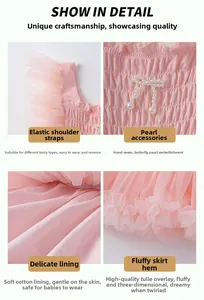 Vue détaillée de la robe en tulle rose avec bretelles élastiques et nœud perlé