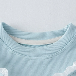 Détail du col en tricot côtelé bleu clair avec bordure en dentelle blanche pour filles