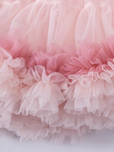Close-up of layered pink gradient tulle with soft ruffled pleats on a girls' tutu skirt