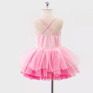 Detail of pink tutu dress with criss-cross back straps and layered tulle skirt