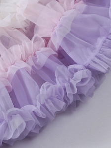 Macro shot of colorful gradient layers on girls' tulle tutu skirt with soft mesh fabric