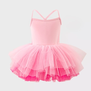 Detailed back view of pink ballet tutu dress showing intricate cross-strap design and mesh